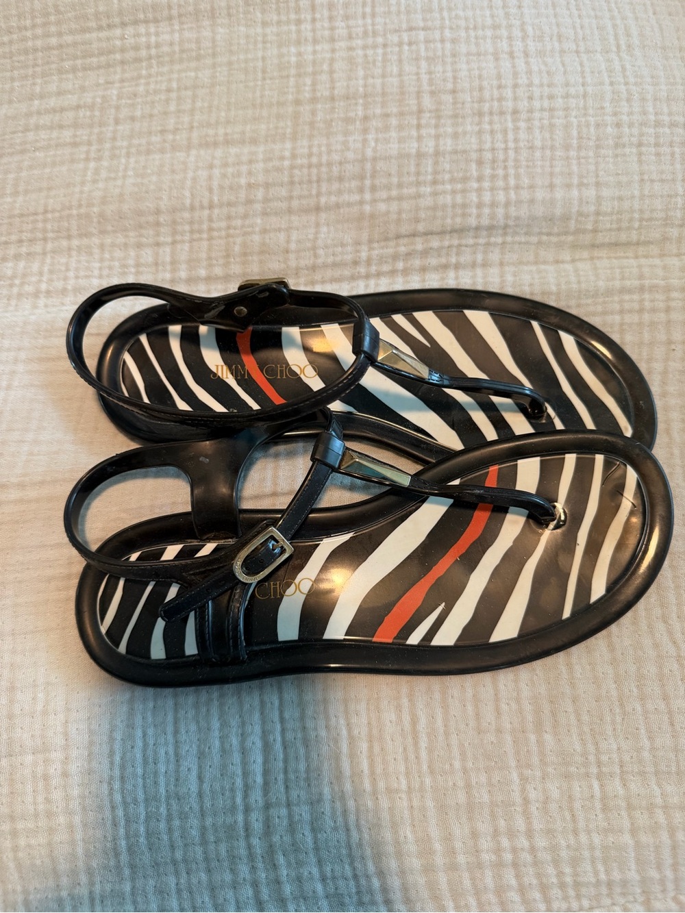 Jimmy Choo Black Zebra-Print Sandals with Orange Accent